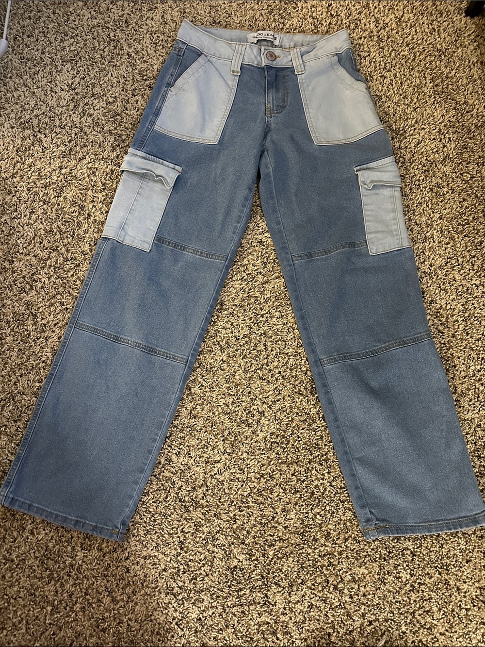 GOGO Two-Tone Blue Patchwork Cargo Jeans